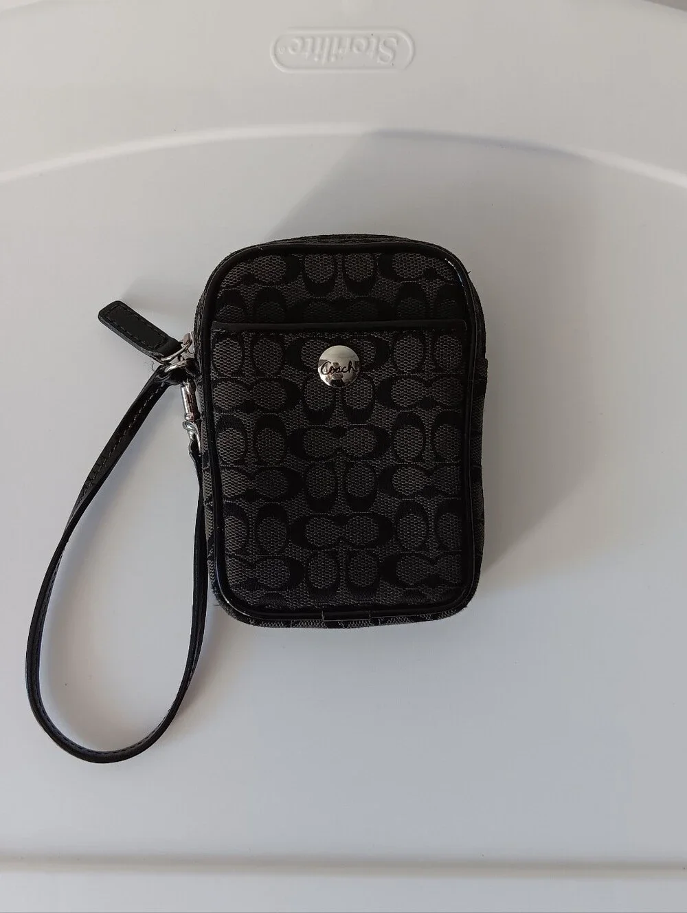 Vintage Coach Signature Canvas Leather Wristlet Phone Case Bag Black Silver